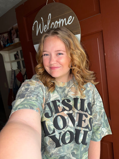 Jesus loves you - camo puff print -pre order