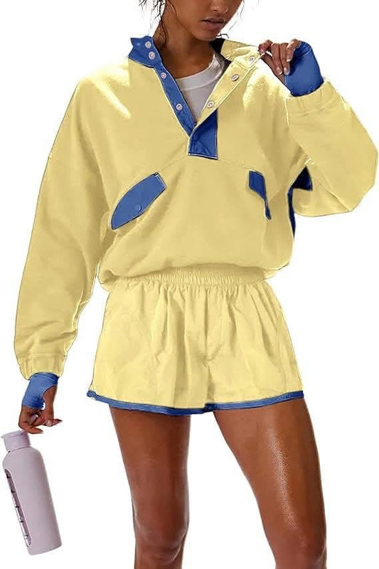 Pre Order Quarter button Colorblock pullover shorts set