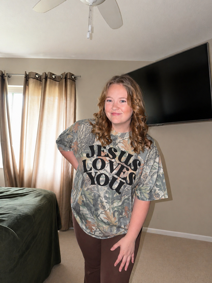 Jesus loves you - camo puff print -pre order