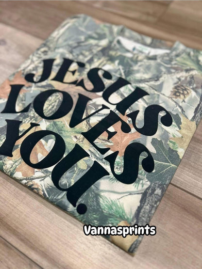 Jesus loves you - camo puff print -pre order